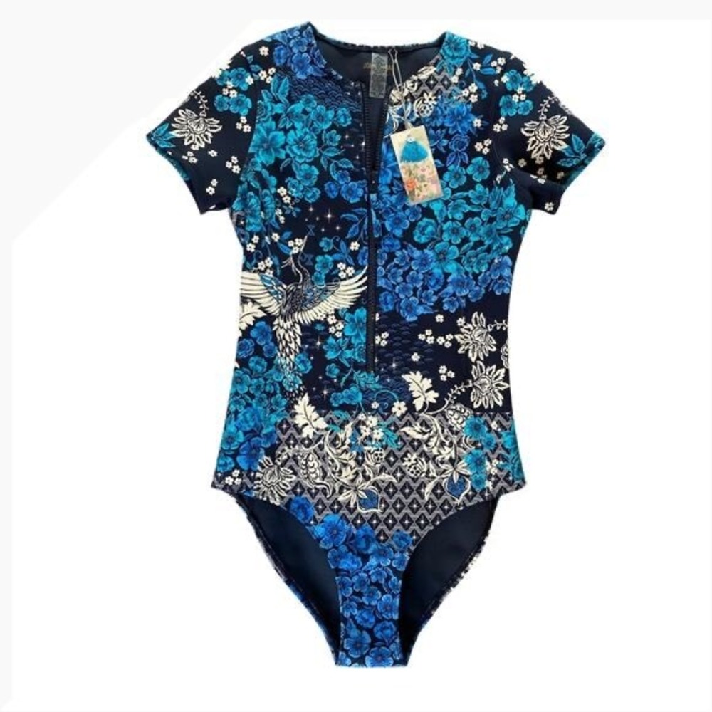 Johnny Was Blue Flyneoprene One Piece Swimsuit Floral Crane Rash Guard XL NEW